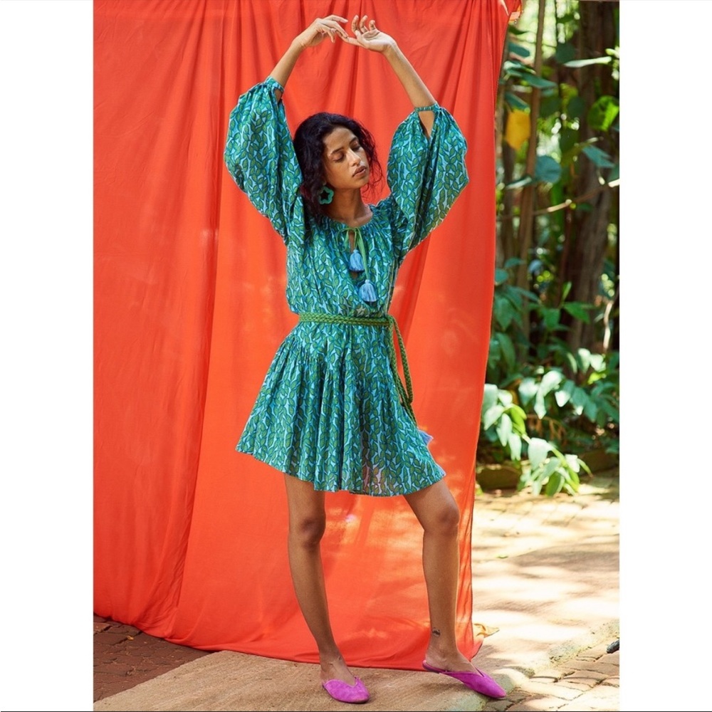 Aish Sasha Leaf Living Green Tassel Waist Tie Mini Dress